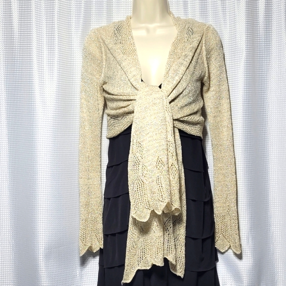 bebe Gold Metallic Long Sleeve Knit Tie Front Bolero Style Shrug Cardigan (XS)